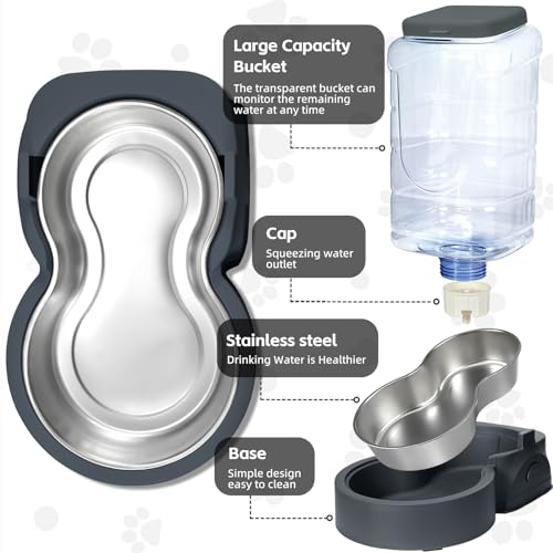 Automatic Cat Feeder and Water Dispenser with Stainless Steel Bowl Dog Gravity Food Feeder and Waterer for Small Medium Pets Puppy Kitten 1 Gallon x 2 - color: Charcoal gray（3.8L*2）