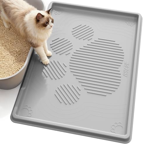 ISSEVE Cat Litter Mat 40" x 28" XL, Extra Large Silicone Mat for Litter Box, 1.38" Raised Edge Urine Waterproof Litter Trapping Mat Pad for Scatter Control, Soft on Kitty Paws, Protect Floor (Grey) - color: Light Grey
