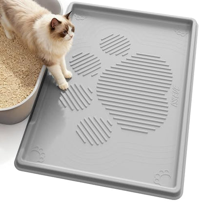 ISSEVE Cat Litter Mat 40" x 28" XL, Extra Large Silicone Mat for Litter Box, 1.38" Raised Edge Urine Waterproof Litter Trapping Mat Pad for Scatter Control, Soft on Kitty Paws, Protect Floor (Grey) - color: Light Grey