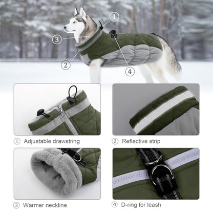 Lelepet Dog Coat Warm Dog Winter Coat Waterproof Dogs Jacket with Harness Built in Reflective Pet Fleece Vest Zip-Up Cold Weather Coats for Large Dogs Turtleneck Windproof Boston Terrier Army Green L - color: Army Green, size: Large