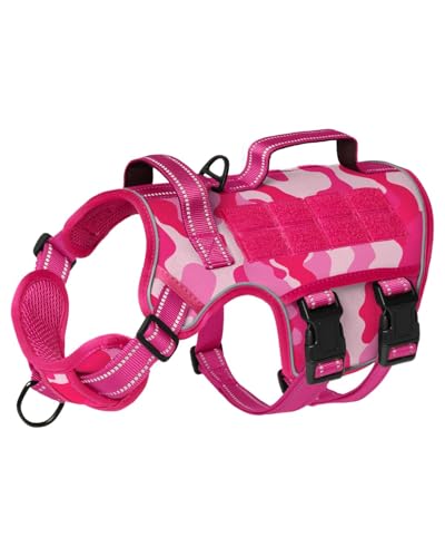 Tactical Dog Harness Medium Sized, Heavy Duty No Pull Dog Harness with Handle, Easy On and Off Service Dog Vest with Molle System, Reflective Pet Vest for Walking Hiking Training - color: Pink Camo, size: M(Neck:17-23",Chest:22-32"),35-50 lbs