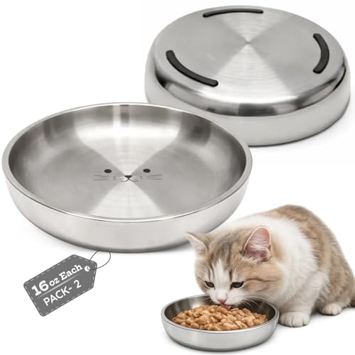 Stainless Steel Cat Food Bowl, 16 oz / 2 Cup Each, Heavy Duty Double Wall Insulated, Shallow Whisker-Friendly Design, Non-Slip Flat Base Dish for Cats & Kittens, D/W Safe Pack of 2