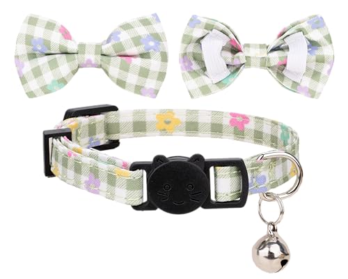 Cat Collar with Bow Tie Bell Breakaway Bowtie 2pcs Set Spring Plaid Flower Floral Solid Boy Girl Cute Kitten Safety B [Plaid & Solid] Green - color: B [Plaid & Solid] Green