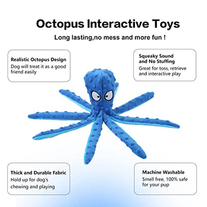 CPYOSN Dog Squeaky Toys Octopus - No Stuffing Crinkle Plush Dog Toys for Puppy Teething, Durable Interactive Chew Toys for Small, Medium and Large Dogs Training and Reduce Boredom, 2 Pack - color: Blue+Purple
