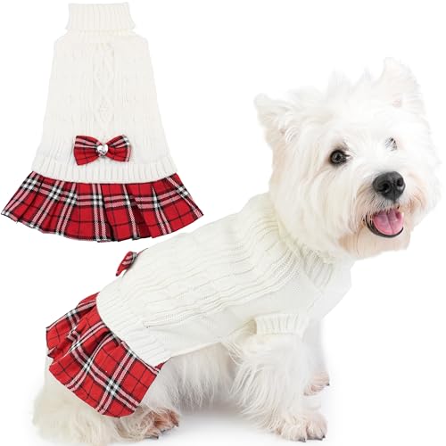 Dog Sweater Dresses for Small Dogs Girl with Bow & Plaid Skirt Soft Tureleneck Dog Sweater with Leash Hole Pet Clothes in Winter Thick Warm Pullover Pet Coats (White S) - color: White, size: Small (5-9lbs)