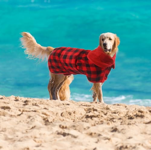 Geyecete Dog Drying Coat - Fast Drying Dog Bathrobe Towel - Microfibre Super Absorbent Pet Cat Bath Robe - Red Black Grid-S - color: Red Black Grid, size: Small