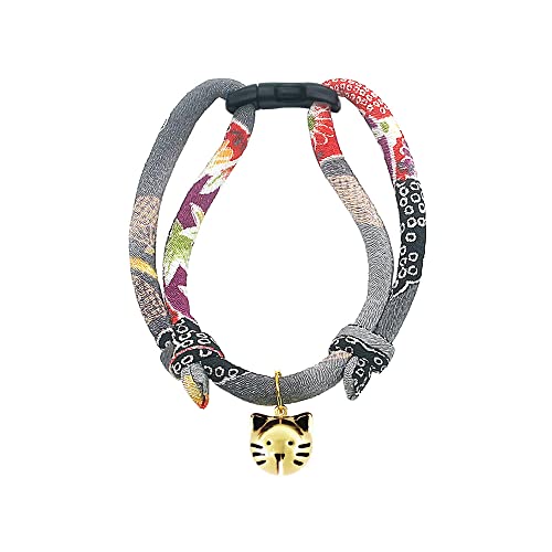 Cat Collar with Kitty Face Bell. Cute Japan Chirimen Kitten Collar. Soft & Lightweight. - color: Gray
