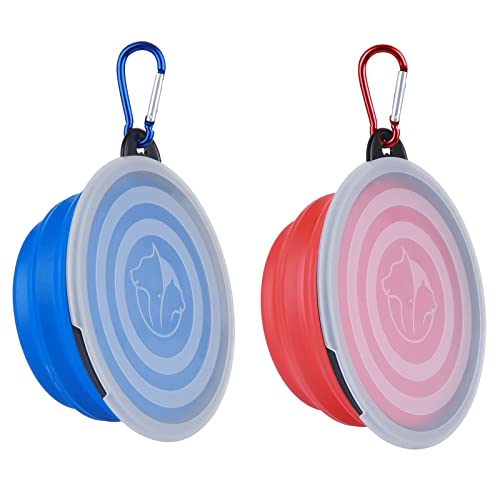 Collapsible Dog Bowl,2 Pack Portable and Foldable Pet Travel Bowls Collapsable Dog Water Feeding Bowls Dish for Dogs Cats and Small Animals,with Lids (Small, Blue+Red) - color: Blue+Red