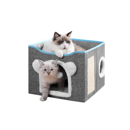 Cat House for Indoor Cats, Large Cat Bed Cave with Scratch Pad and Fluffy Ball, Foldable Cat Hideaway Condo, Kitten Bed, 16x16x13inch (Grey, Large) - color: Grey