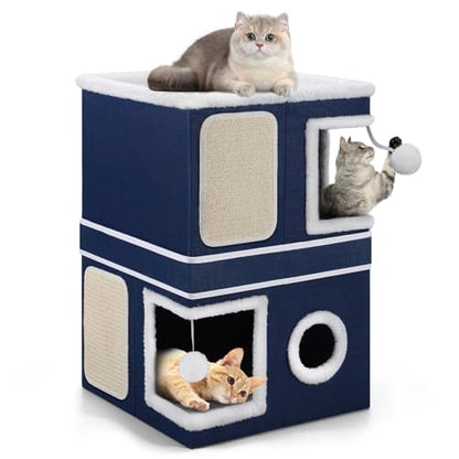 Shikha 2-Storey Cat Houses for Indoor Cats, Dual-Purpose Double Large Cat Beds Cave with Hideaway Condos, Scratch Pads, Fluffy Balls, Foldable Indoor Cat Cube House for Multi Small Pets Kitten, Blue - style: Blue