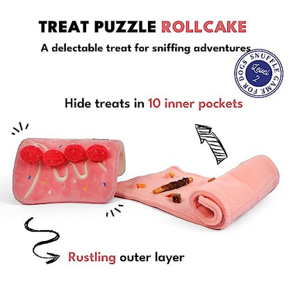 CHEWFFON Dog Birthday Cake Toy - Interactive Snuffle Roll Cake Puzzle for Enrichment, Squeaky & Crinkle Puppy Gift for Boredom & Mental Stimulation, Indoor Brain Game for Small Medium Dogs - style: Strawberry Roll Cake