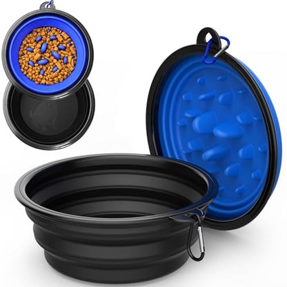 2 Pack [Slow Feeder Design + Regular], Collapsible Dog Bowl Travel Portable Pet Bowls, [34oz,1000ml] Foldable Food Water Feeding Dishes for Traveling Hiking Walking with Carabiners [Blue,Black] - color: Blue+Black