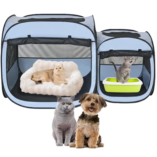 EighteenTek® 2-in-1 Portable Cat Playpen(Front Doors), Pop up Kitten Playpen, Assembly-Free, Pet Tent Crates Kennel Cage Enclosure for Dog Puppy Indoor Outdoor(No Divider, Unified Space) - color: Dusty Blue, size: Combo, 54"x 31.5"x 27.6"h