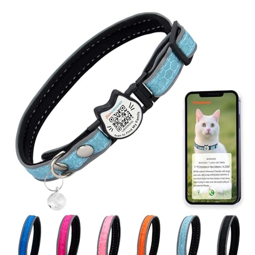 Cat Collar with Bells Reflective Cat Collars Breakaway with Oxford Cloth Soft Padding Adjustable Kitten Collar with QR（CodeCaribbean Blue） - color: Caribbean Blue