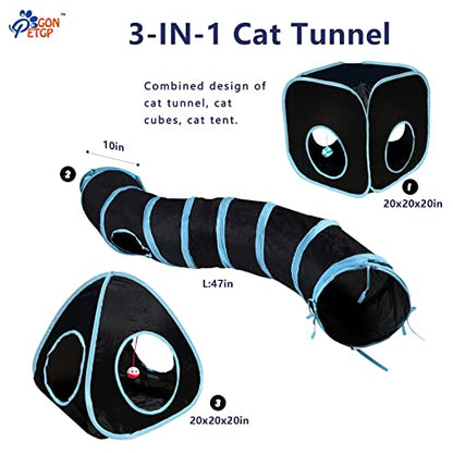GONPETGP Cat Tunnels for Indoor Cats with Cube Tent Toys Combo, Pop Up Collapsible Crinkle Interactive Peek Hole, Cat Tube with Play Ball and Bell for Kitten, Puppy, Kitty, Rabbit - Set of 3 - color: A-Black