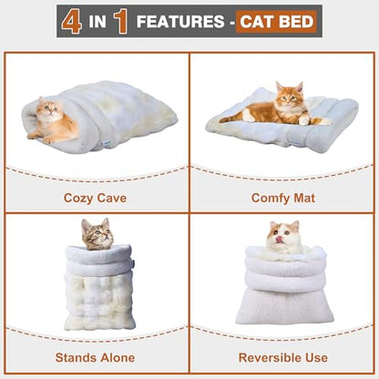 4 in 1 Self Warming Burrow Cat Bed, Pet Hideway Sleeping Cuddle Cave (Style2- Cream) - color: Style- Cream