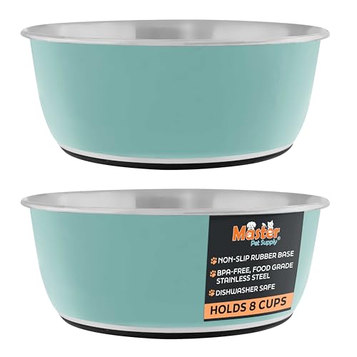 Master Pet Supply Stainless Steel Dog Bowls Set of 2 (64 Oz Each) with Non-Slip Rubber Base - Aqua Sky - Basic Dog Food Bowl Water & Food Bowls for Small Medium Large Dogs & Cats, Metal Dish - color: Aqua Sky, size: 8 Cups (64 oz) 2 Pack