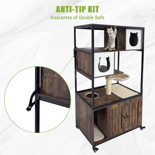 GarveeHome Cat Tree with Litter Box Enclosure 57.5 in H Wooden Cat Tower Cabinet with Wheels Dog Proof Corner Hidden Litter Box with Condo, Hammock and Scratching Post Retro Brown