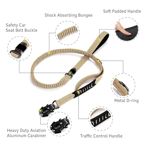 Heavy Duty Tactical Dog Leash, 4-6FT Shock Absorbing Tactical Leash with 2 Padded Handles, Metal Carabiner Clip,Car Seatbelt, Reflective Heavy Duty Leashes for Medium Large Dogs (Brown) - color: Brown