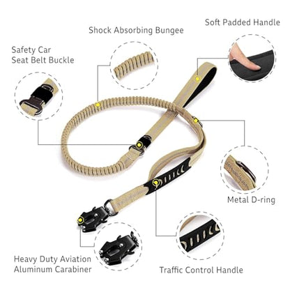 Heavy Duty Tactical Dog Leash, 4-6FT Shock Absorbing Tactical Leash with 2 Padded Handles, Metal Carabiner Clip,Car Seatbelt, Reflective Heavy Duty Leashes for Medium Large Dogs (Brown) - color: Brown