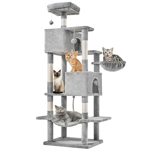 DUMOS Large 66 Inch Cat Tree Tower, Tall Multi Level Cat Climbing Tower with Natural Sisal Scratching Posts, Hammock, Pet Condo for Indoor Cats and Kittens Play, Grey - color: Light Grey, size: 66 Inch
