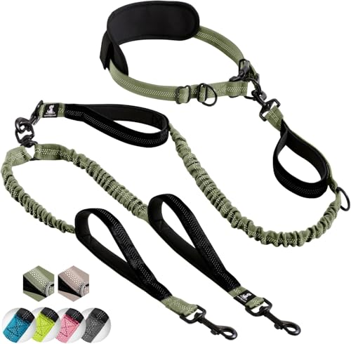 SparklyPets - Hands Free Dog Leash with Reflective Stitches - Waist Leash for Medium & Large Dogs Walking, Hiking, Training, Jogging, Canicross, Running - color: Olive Green, size: 2 dogs M/L