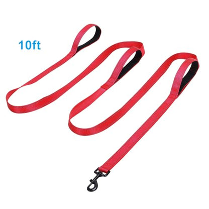 Jiozermi 10ft Dog Leash with 3 Handles, Heavy Duty Dog Lead with Padded Traffic Handle, Reflective Stitching Large Leash for Running Walking Training(Red) - color: Red
