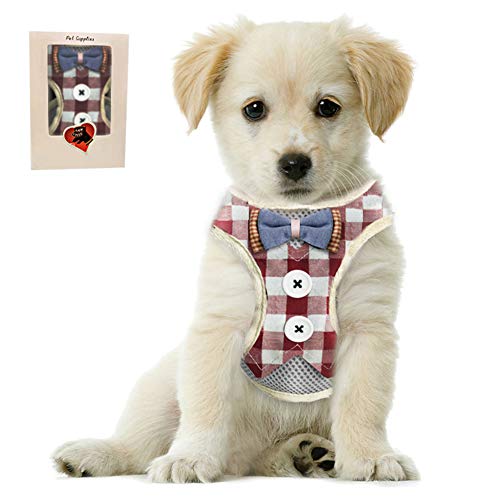 Bark Lover Small Puppy Harness with Bowtie, Adjustable Dog Vest Mesh Tuxedo Harness for Small Dog Kitten, Perfect for Party Wedding Holiday(L, Red Plaid) - color: Red Plaid, size: L