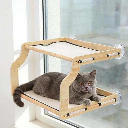 Cat Window Perch with Wooden Frame Breathable Practical Double Layered Strong Suction Cups Pet Bunk Bed for Balcony Household