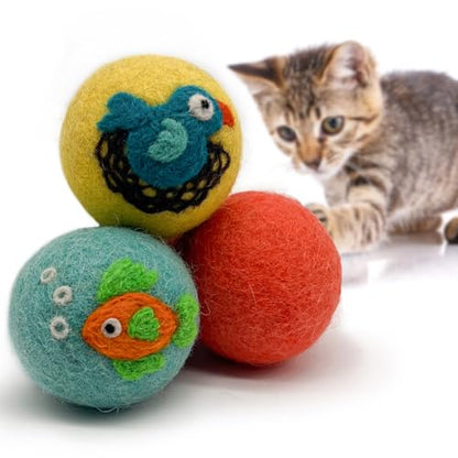Hustle & Blush Love Ewe Felted Cat Toys 3 Pack - 2 Inch Fish & Bird Hand Made Cute & Fun Design Kitten Wool Felt Balls for Indoor Play & Exercise - 100% New Zealand Handmade Felted Balls - color: Fish/Bird