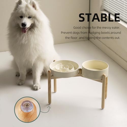 Havniva 9.5” Raised Slow Feeder Dog Bowls Set, 3.2 Cups Ceramic Slow Feeder Dog Bowl and 8.2” Dog Water Bowl with Elevated Wooden Stand Puzzle Dog Food Bowl for Large Dogs Anti-Gulping & Anti-Choking - color: 2 x Light Yellow+Stand-A, size: 9.5inch