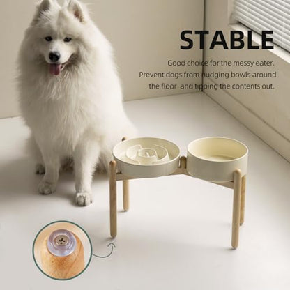 Havniva 9.5” Raised Slow Feeder Dog Bowls Set, 3.2 Cups Ceramic Slow Feeder Dog Bowl and 8.2” Dog Water Bowl with Elevated Wooden Stand Puzzle Dog Food Bowl for Large Dogs Anti-Gulping & Anti-Choking - color: 2 x Light Yellow+Stand-A, size: 9.5inch