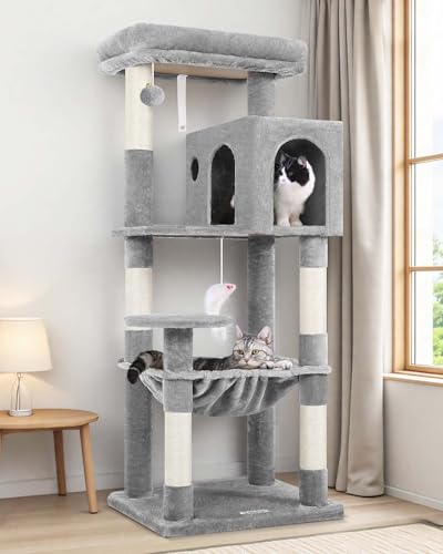 Globlazer Cat Tree Tower with Scratching Post for Indoor Cats, 53inch Tall Plush Multi-Level Cat Climbing Tower Condo House with Large Hammock, Spacious Cat Cave, Padded Top Perch Bed, F53, Light Gray - color: Light Gray
