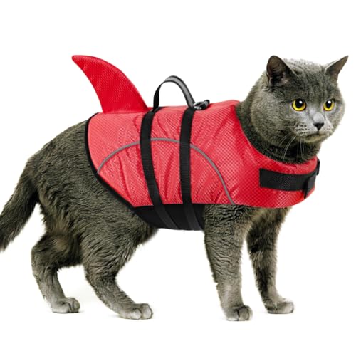 Queenmore Cat Life Jacket, XXS Extra Small Dog Life Vest, Puppy Life Vest for Swimming, Small Dog Vests for Boating, Lightweight High-Vis Water Floating Vest with Rescue Handle/Leash Hook - color: Red, size: XX-Small