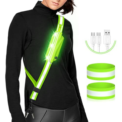 Ylzzrs LED Belt Reflective Sash for Walking at Night,High Visibility Adjustable Night Running Safety Gear,Light Up Running Belt Reflective Gear with Phone Bag/Armband for Runners Walkers Men Women - color: Green