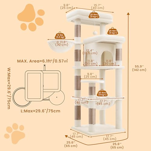 Heybly Cat Tree, 56-Inch Multi-Level Easy Climb Tower for Large Cats, Cat Furniture with 2 Perches, Cozy Hammock, Spacious Condo & Cat Basket, Durable Sisal Scratching Posts, Beige HCT028MJ - color: Beige