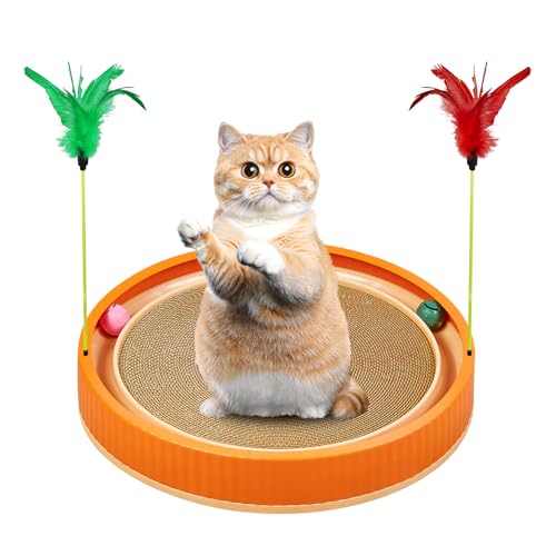 Extra-Large Round Cat Scratcher Bed with Ball Track – 3-in-1 Circular Cardboard Scratching Pad with Feather Toys – Interactive Cat Toy Round Track for Large Breeds Like Maine Coons (Orange) - color: Orange