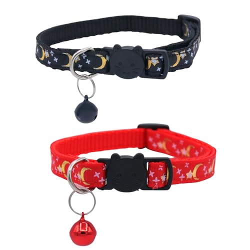 Set of 2: KioKatt Celestial Nylon Cat Collars with Matching Bells – Adjustable Breakaway Safety Collars for Adult Cats, 7–11" (Black + Red) - color: Black + Red