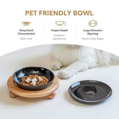 Havniva Cat Bowls Elevated 5.6” Ceramic Cat Bowl with Stand Whisker Friendly Cat Dishes, Cat Food & Water Bowl Set with Two Heights Options, Raised Cat Food Plates for Kitten Anti-Slip Pet Bowls - color: 1 Bowl+1 Shallow Dish+Stand- Black
