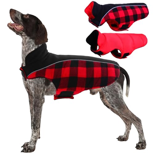 Kuoser Dog Winter Coat, Reversible Waterproof Dog Jacket with Reflective Strip, Warm Dogs Fleece Vest Adjustable Doggy Cold Weather Clothes Plaid Christmas Outfit Pet Apparel for Medium Dogs, Red M - color: Red, size: Medium (Chest Girth: 17.3-20.9'' )