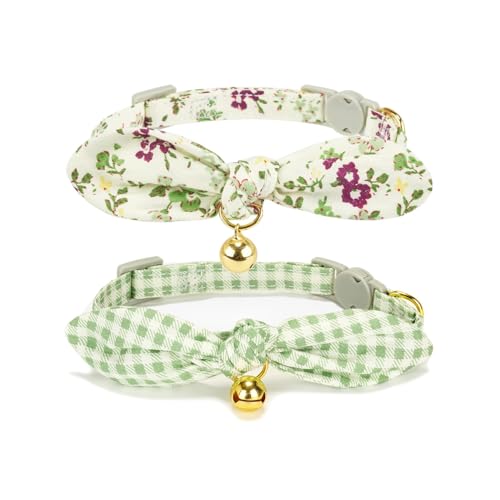 2 Pack Cotton Cat Collar, Removable Bowtie, Floral Pattern, Safety Breakaway Clasp, Adjustable for Cats.(Adult Cat, Check+Green) - color: 2 Pack (Check+Green)