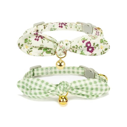 2 Pack Cotton Cat Collar, Removable Bowtie, Floral Pattern, Safety Breakaway Clasp, Adjustable for Cats.(Adult Cat, Check+Green) - color: 2 Pack (Check+Green)