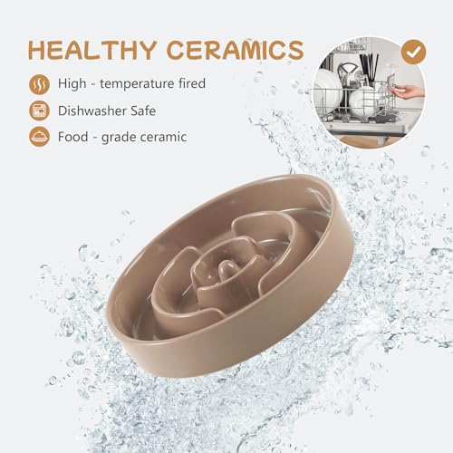 Havniva 6.1” Raised Slow Feeder Dog Bowls Set, 0.9 Cups Ceramic Slow Feeder Dog Bowl and 6.1” Dog Water Bowl with Elevated Wooden Stand Puzzle Dog Food Bowl for Small Dogs Anti-Gulping & Anti-Choking - color: 2 x Brown Coffee+Stand-A, size: 6.1inch-New
