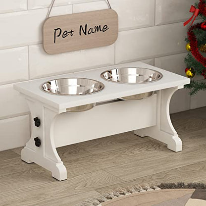 Farmhouse Dog Bowls Stand, Elevated Dog Bowl with 2 Stainless Steel Wooden Bowls, 3.5Cups 8.6" H - 30 oz White - color: White, size: 3.5 Cups 8.6"H_30 oz Bowl