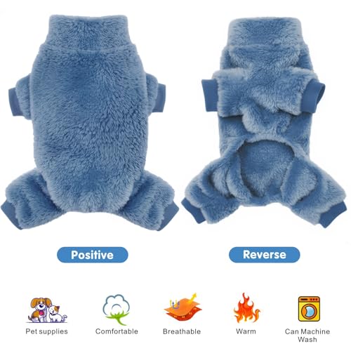 Idepet Velvet Dog Pajamas, Turtleneck Pet Sweater Fuzzy Plush Onesie Soft Cat Apparel Pet Clothes Winter Outfit Doggy Pjs Puppy Jumpsuit for Small Dogs Cats (Blue,XS) - color: Blue, size: X-Small
