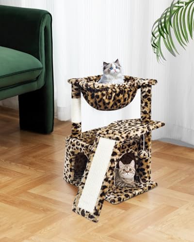 SYANDLVY Leopard Print Cat Tree for Indoor Cats, Small Cat Tower with Scratching Post & Board, Modern Activity House Condo with Cradle, Hanging Ball for Play, Kittens Cave - color: Leopard Print
