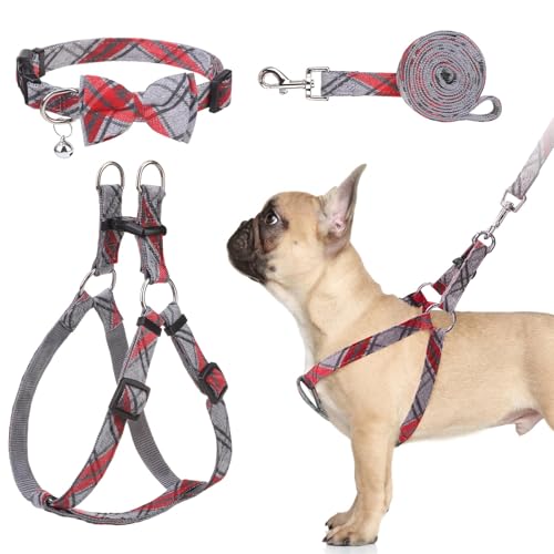 BINGPET Dog Harness Collar Leash Set,Adjustable No Pull Escape Proof Small Dog Harness,Classic Plaid Puppy Harness and Leash Set for Small Medium Large Dogs Training Easy Walk Running - color: Gray Red Plaid, size: S(Chest Girth:14.9''-20.9'')