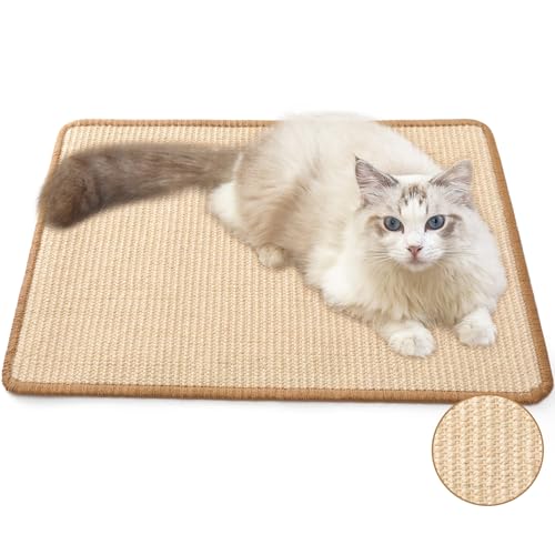 FUKUMARU Cat Scratcher Mat, 23.6 X 15.7 Inch Natural Sisal Cat Scratch Mats, Horizontal Cat Floor Scratching Pad Rug with Sticky Tapes, Protect Sofa and Carpet - color: Beige-23.6 x 15.7 Inch