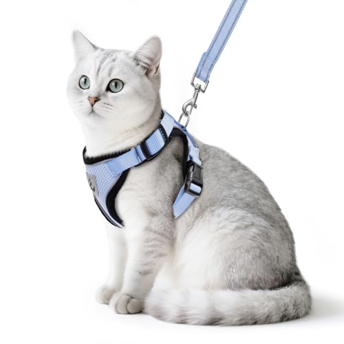 PUPTECK Cat Harness and Leash Set Escape Proof Reflective Cat Walking Harness Adjustable Soft Breathable Mesh Vest for Small Pets, Sky Blue, S - color: Sky Blue, size: S (NECK 9.5"-11", CHEST 13"-16")