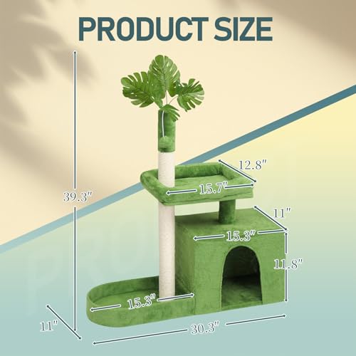 36in Cat Tree with Leaves, Multi-Level Cat Tower with Scratching Post, Cozy Condo & Padded Perch, Dangling Ball for Kittens and Indoor Cats, Compact Cat Furniture for Small Spaces, Green